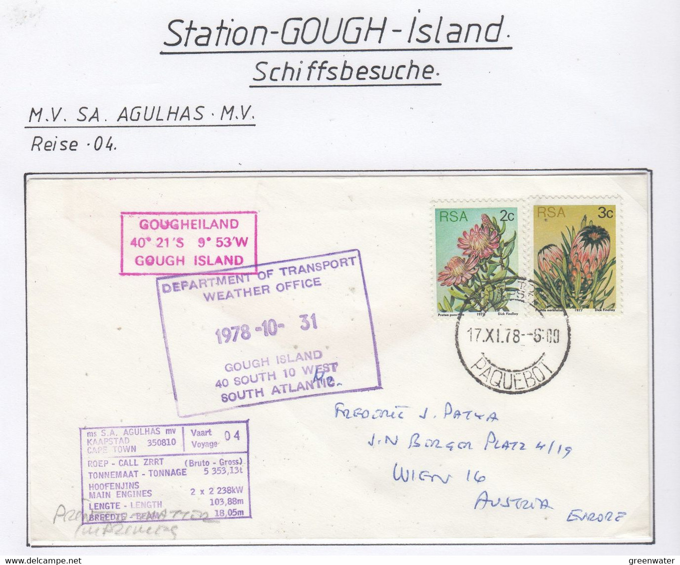 Gough Island 1978 Ship Visit MV Agulhas .  Ca Gough Island 31.10.1978 (GH212) - Research Stations