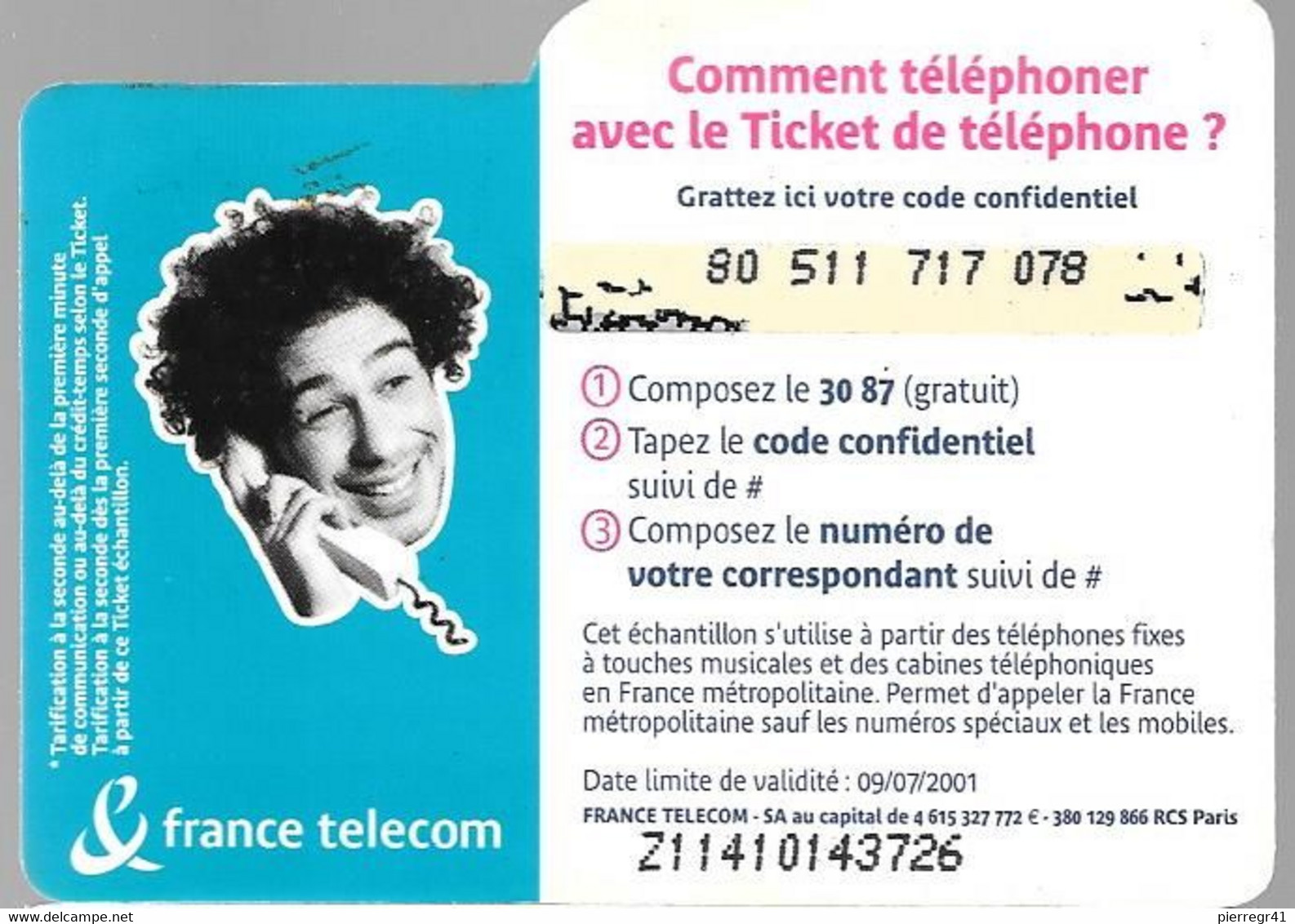 TICKET- TELEPHONE-PRIVE-FRANCE-TK-PR84-5Mn-T AS 300SECONDES-Gratté-V° Série Z11410143726-TBE/RARE - Billetes FT