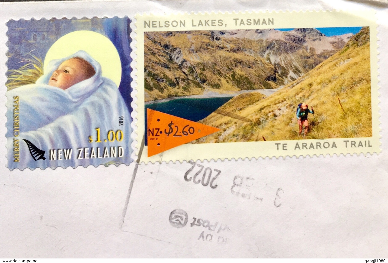 NEW ZEALAND 2022, USED AIRMAIL COVER TO INDIA, 2 STAMPS CHRISTMAS, NETSON LAKES ,TASMAN ,WATER,NATURE,CHILD , - Cartas & Documentos