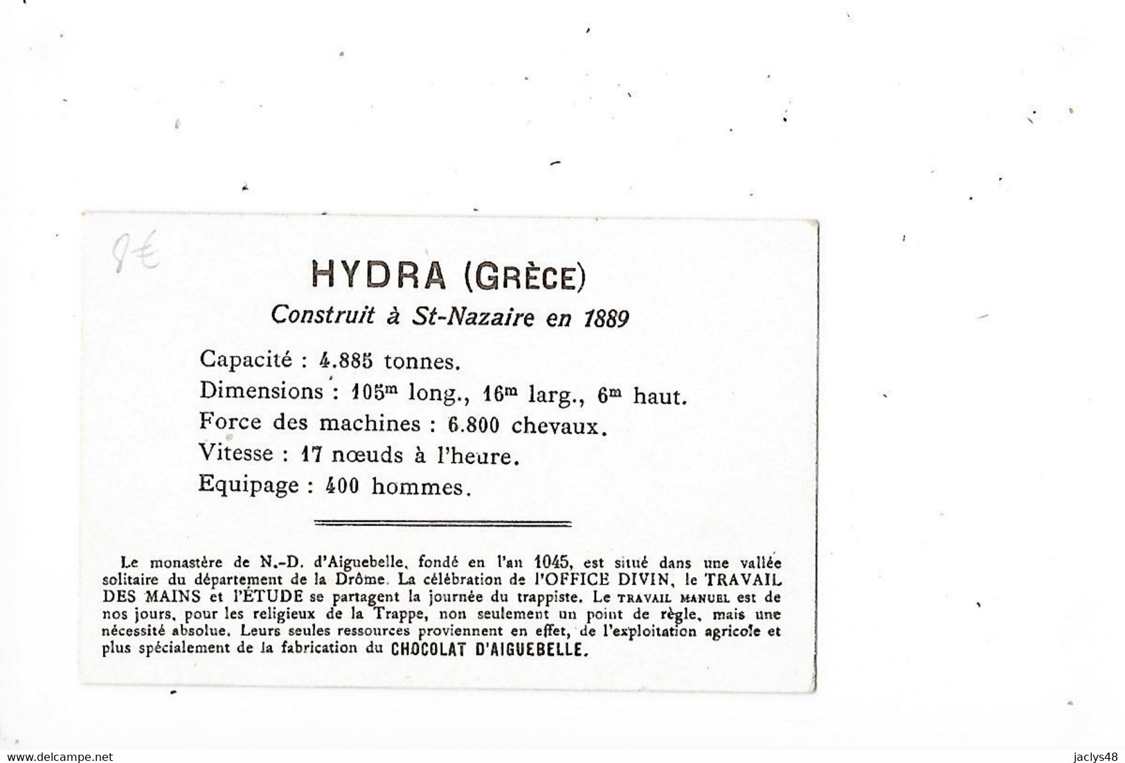 HYDRA  (Grèce) - Cuirassé D'escadre - Edition De La Chocolaterie D'Aiguebelle - Format 9,6 X 6,4 - - Bateaux