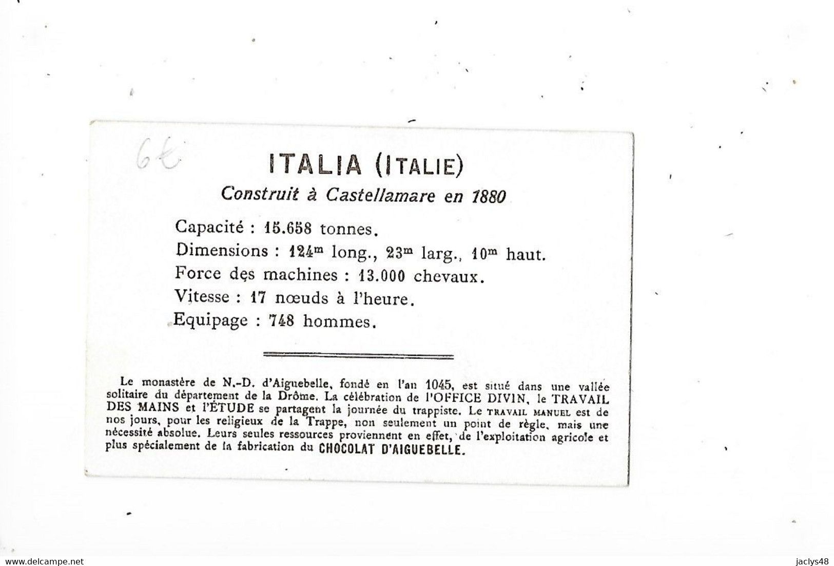 ITALIA (Italie) - Cuirassé D'Escadre  - Edition De La Chocolaterie D'Aiguebelle - Format 9,6 X 6,4 - - Barche