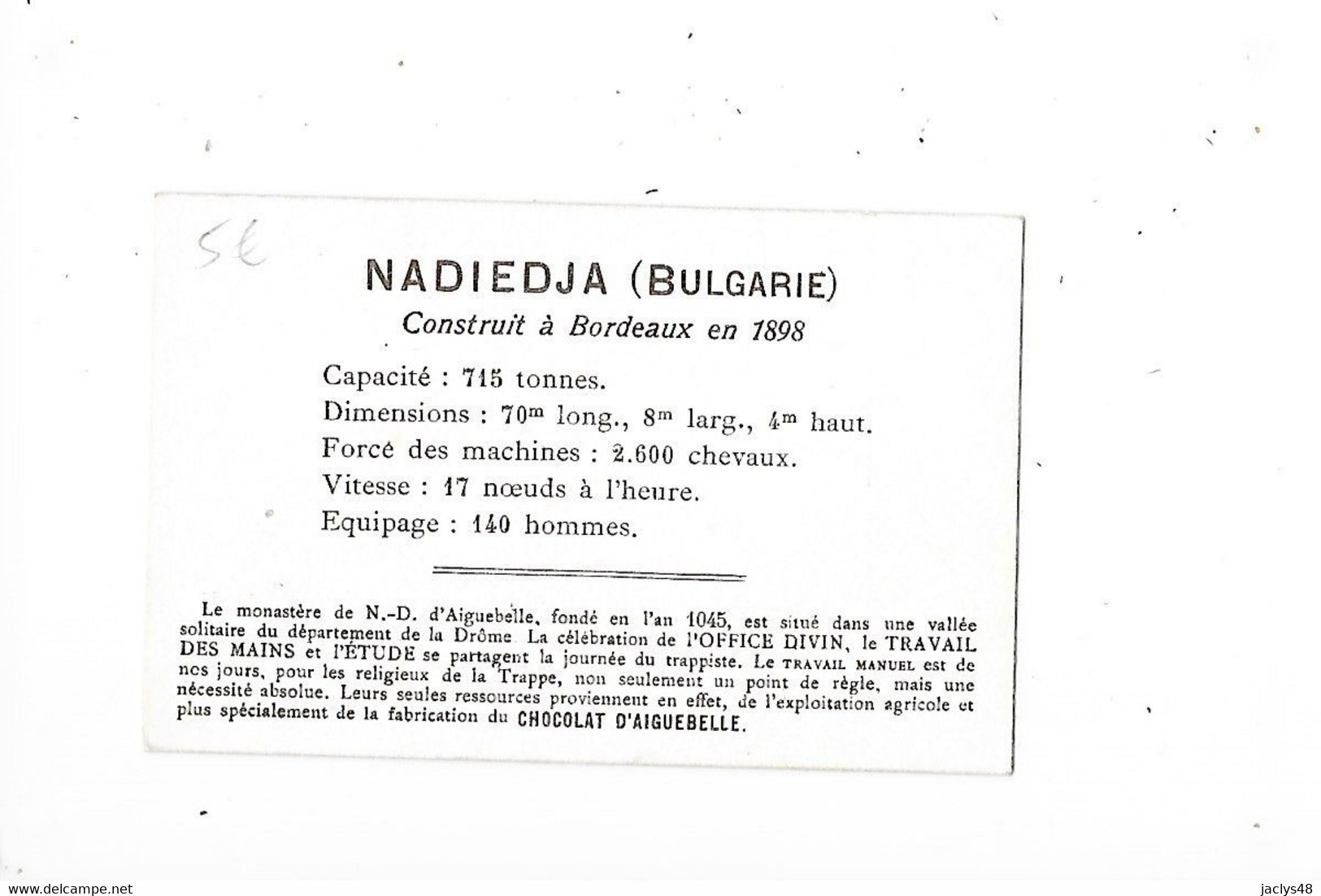 NADIEDJA (Bulgarie) - Cuirassé   - Edition De La Chocolaterie D'Aiguebelle - Format 9,6 X 6,4 - - Barche
