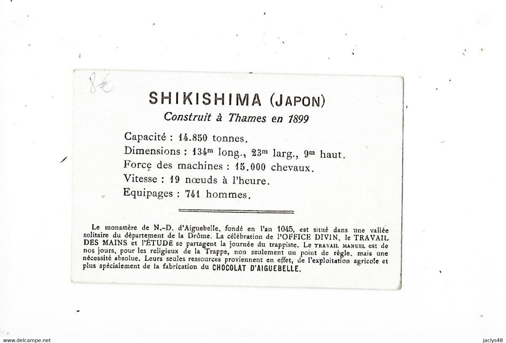 SHIKISHIMA (Japon) - Cuirassé D'escadre   - Edition De La Chocolaterie D'Aiguebelle - Format 9,6 X 6,4 - - Boten