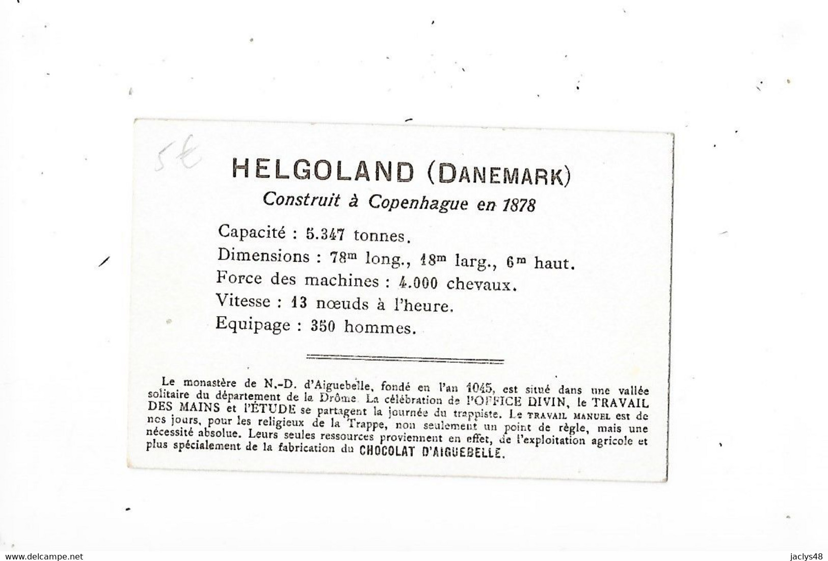 HELGOLAND (Danemark) - Cuirassé D'escadre   - Edition De La Chocolaterie D'Aiguebelle - Format 9,6 X 6,4 - - Bateaux