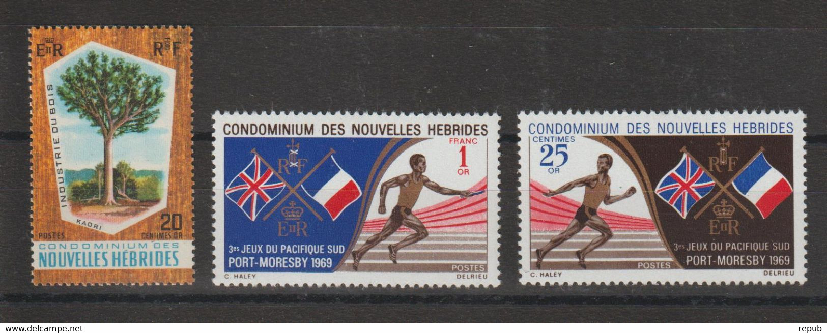 Nouvelles-Hébrides Légende Française 1969 Bois Et 3ème Jeux Pacifique 280 Et 282-283, 3 Val ** MNH - Ongebruikt