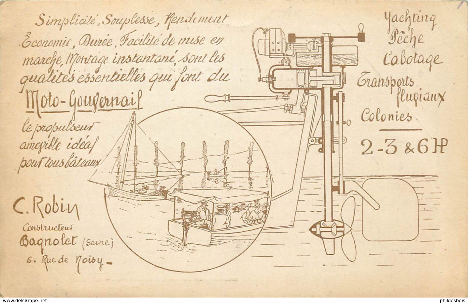 93  BAGNOLET ( Rare) Carte Publicitaire C.ROBIN  Constructeur MOTO Gouvernail Yachting Peche Tps Fluviaux - Bagnolet