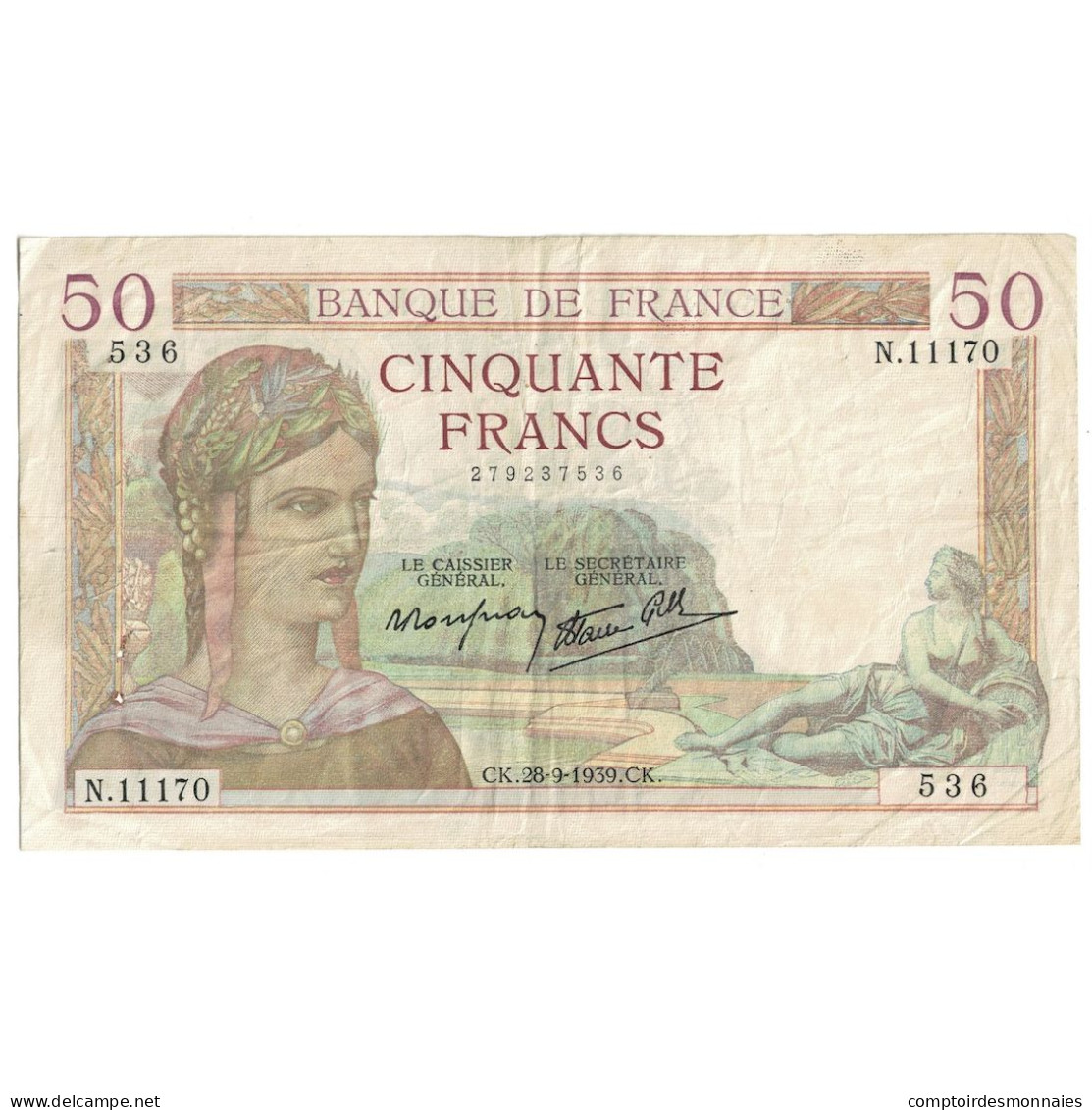 France, 50 Francs, Cérès, 1939, N.11170, TB+, Fayette:18.32, KM:85b - 50 F 1934-1940 ''Cérès''