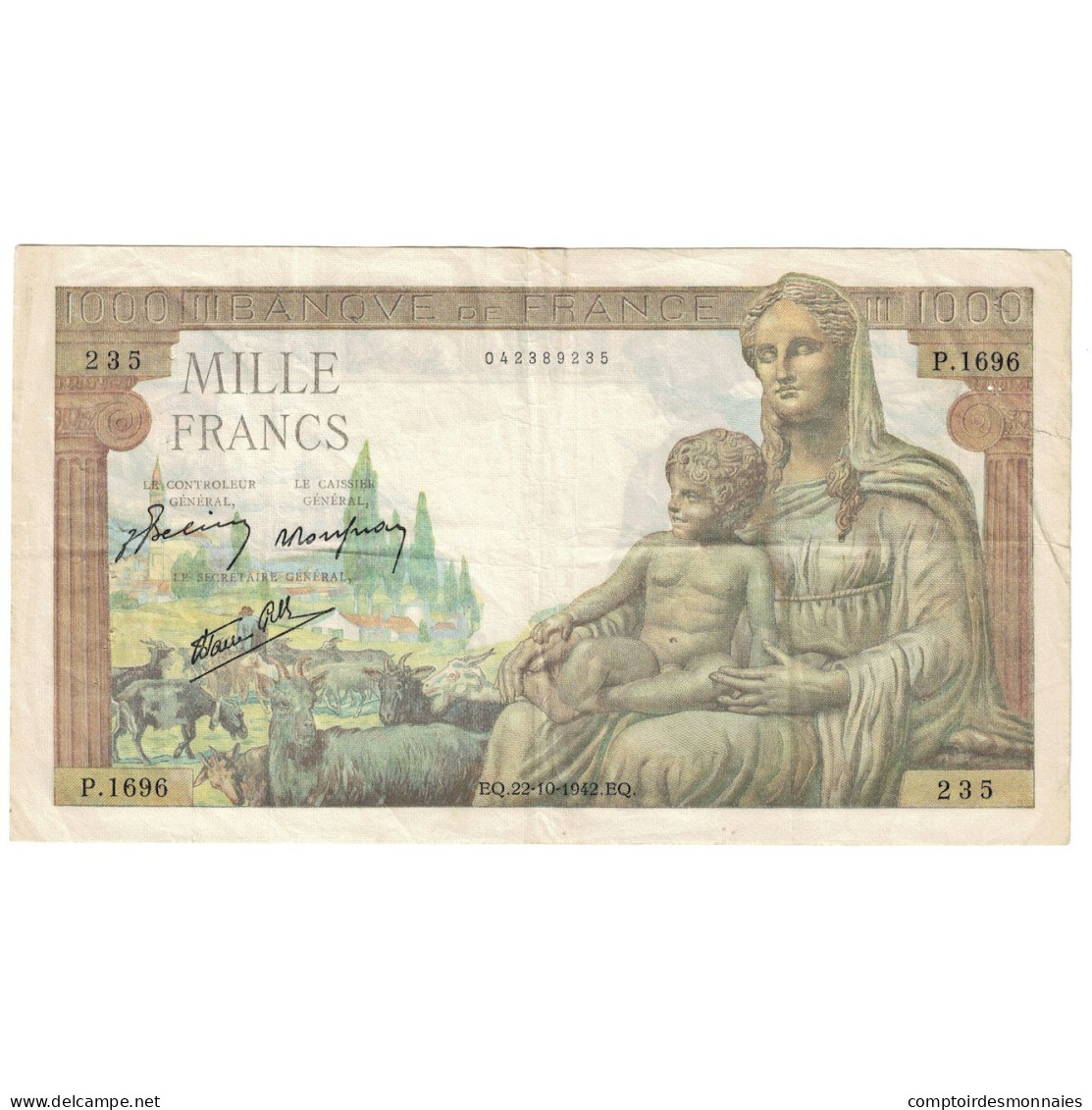 France, 1000 Francs, Déesse Déméter, 1942, P.1696, TTB, KM:102 - 1 000 F 1942-1943 ''Déesse Déméter''