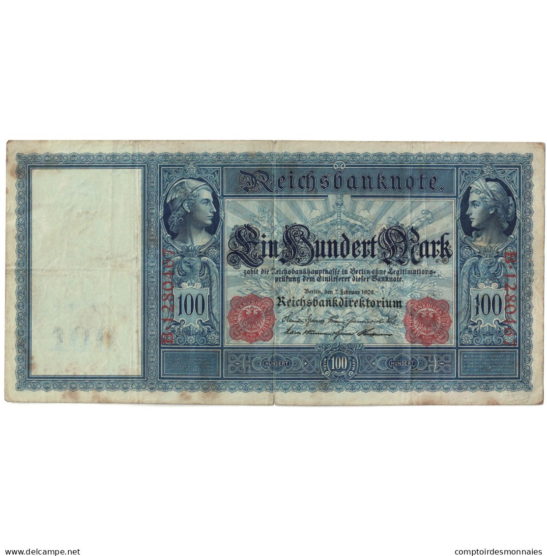 Billet, Allemagne, 100 Mark, 1908, 1908-02-07, KM:33b, B+ - 100 Mark