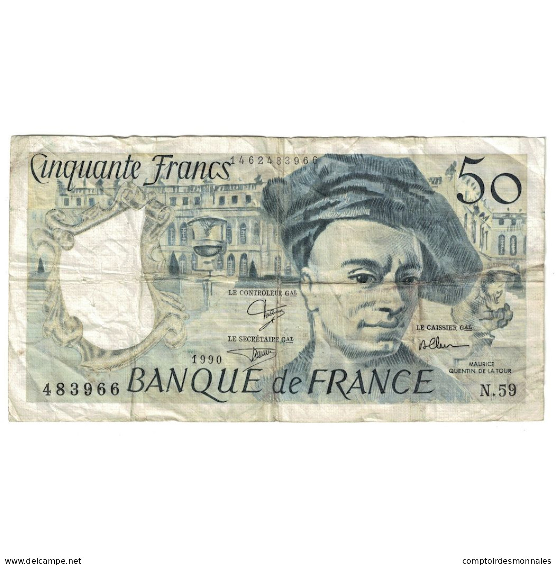 France, 50 Francs, Quentin De La Tour, 1990, N.59, B+, Fayette:67.16, KM:152e - 50 F 1976-1992 ''Quentin De La Tour''