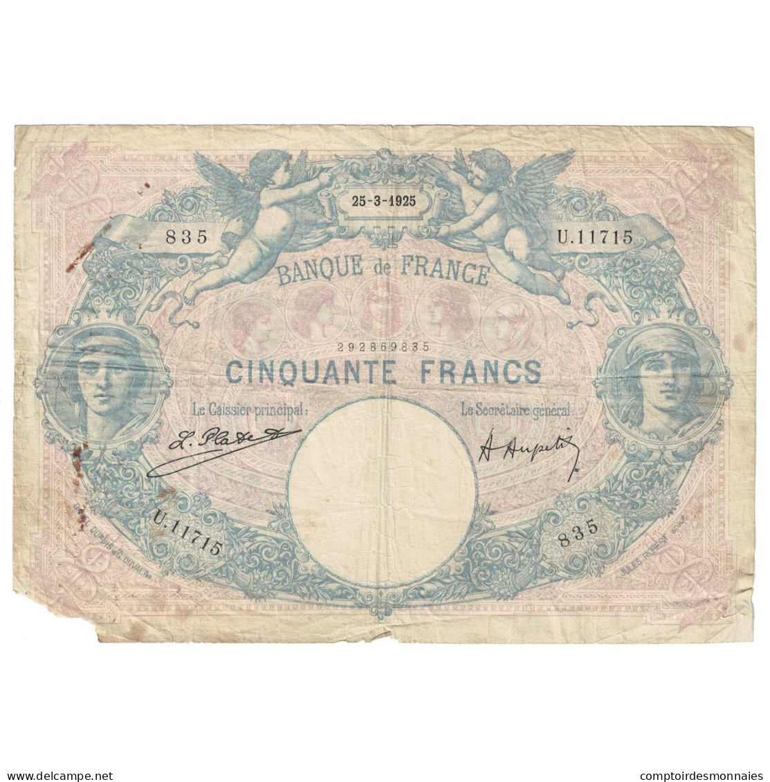 France, 50 Francs, Bleu Et Rose, 1925, U.11715, B+, Fayette:14.38, KM:64g - 50 F 1889-1927 ''Bleu Et Rose''