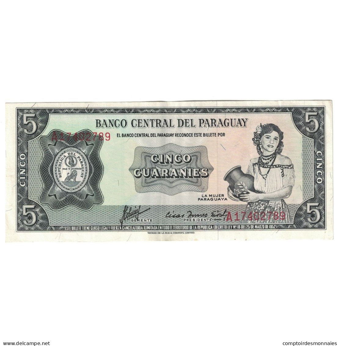 Billet, Paraguay, 5 Guaranies, L1952, KM:195a, TTB+ - Paraguay