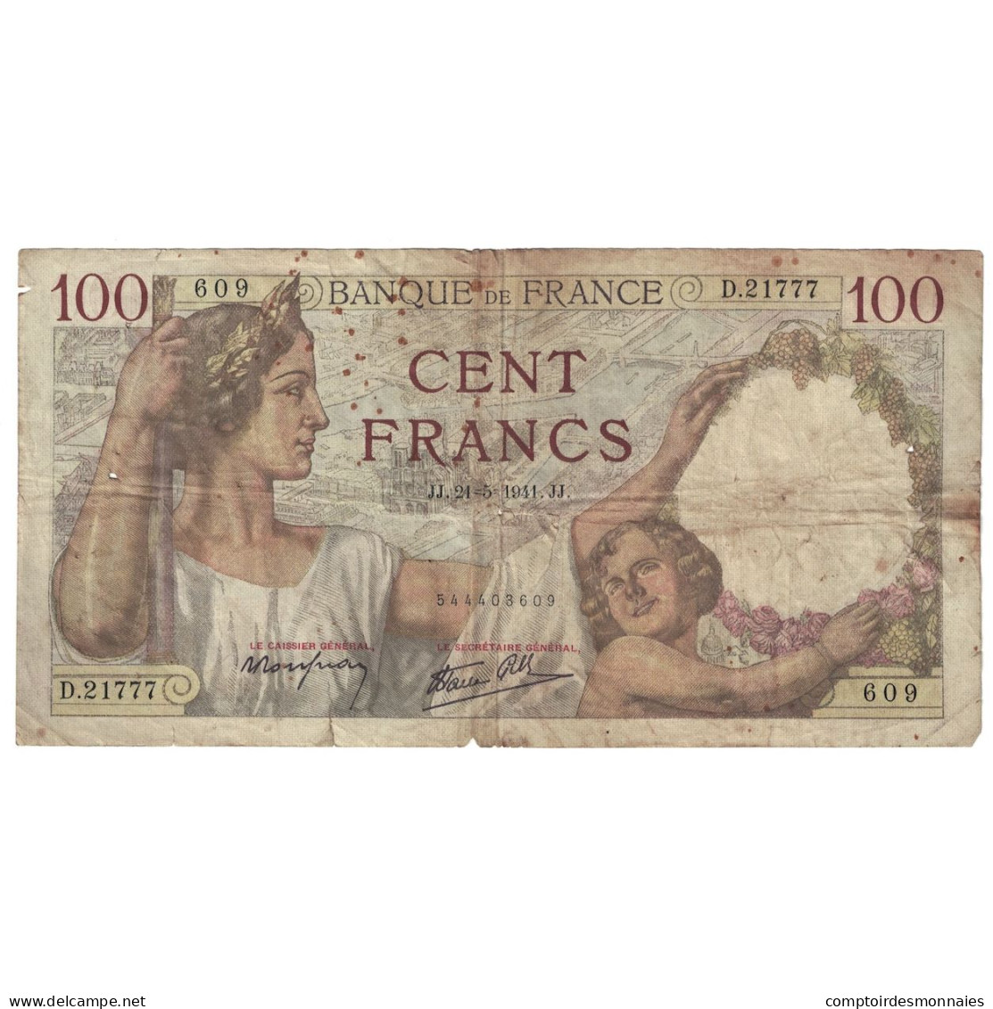 France, 100 Francs, Sully, 1941, D.21777, B, Fayette:26.52, KM:94 - 100 F 1939-1942 ''Sully''