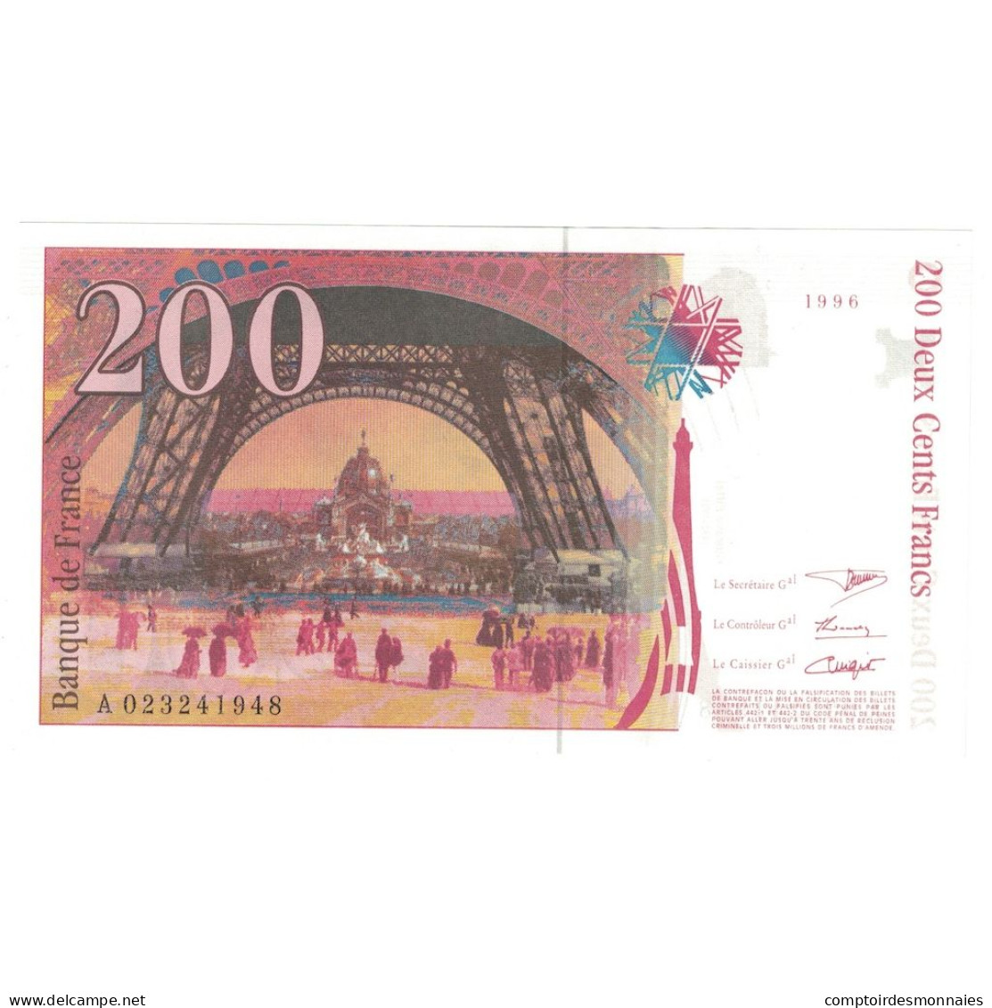 France, 200 Francs, Eiffel, 1996, A.023, SPL+, Fayette:75.2, KM:159a - 500 F 1968-1993 ''Pascal''