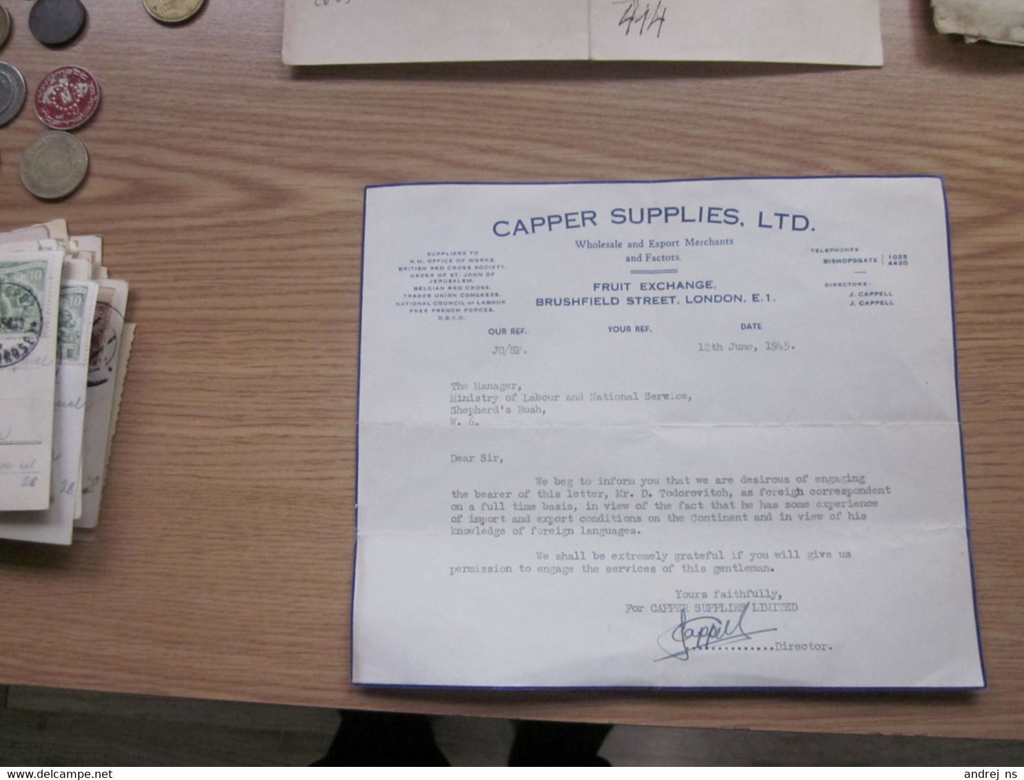 Capper Supplies LTD Wholesale And Export Merchants And Factors Fruit Exchange Brushfield Street London 1945 - Royaume-Uni