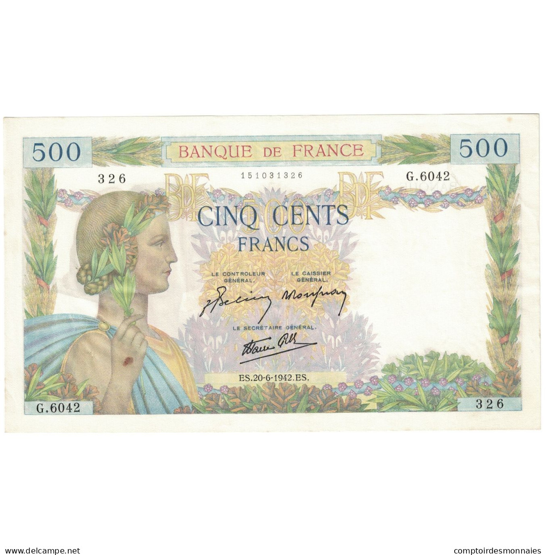 France, 500 Francs, La Paix, 1942, G.604, SUP, Fayette:32.35, KM:95b - 500 F 1940-1944 ''La Paix''