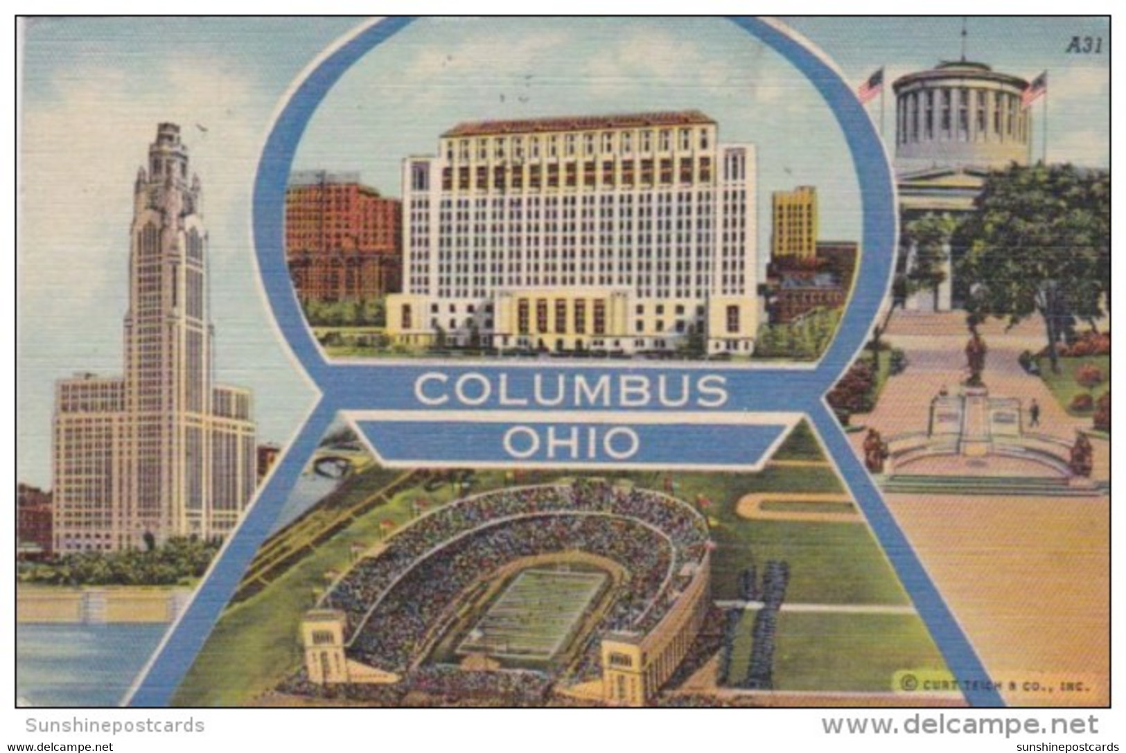 Ohio Columbus Showing Stadium State Capitol McKinley Memorial 1949 Curteich - Columbus