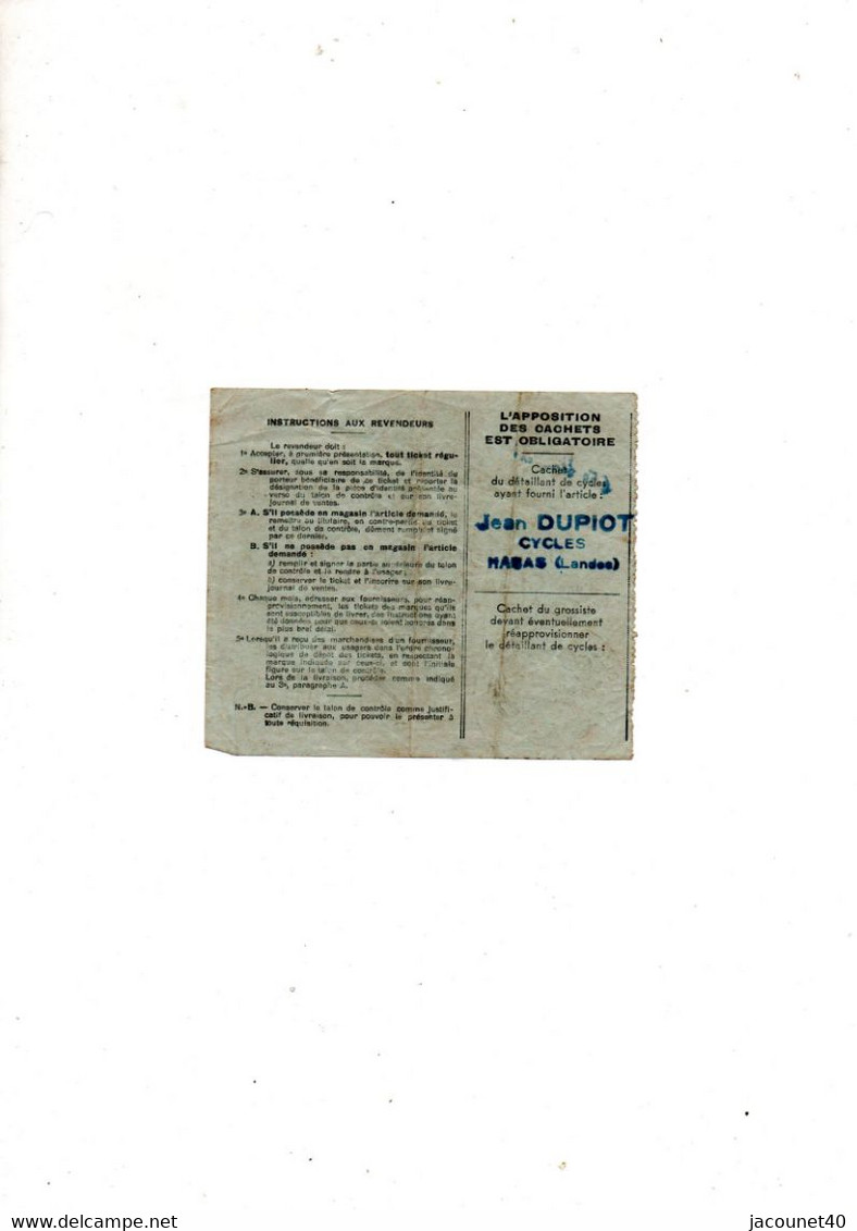 Habas 40 Tiket Permetant  L'Achat D'Une Chambre Velo Dunlop Au Porteur Annee 40/50 Jean Dupiot Cycles Habas - Supplies And Equipment