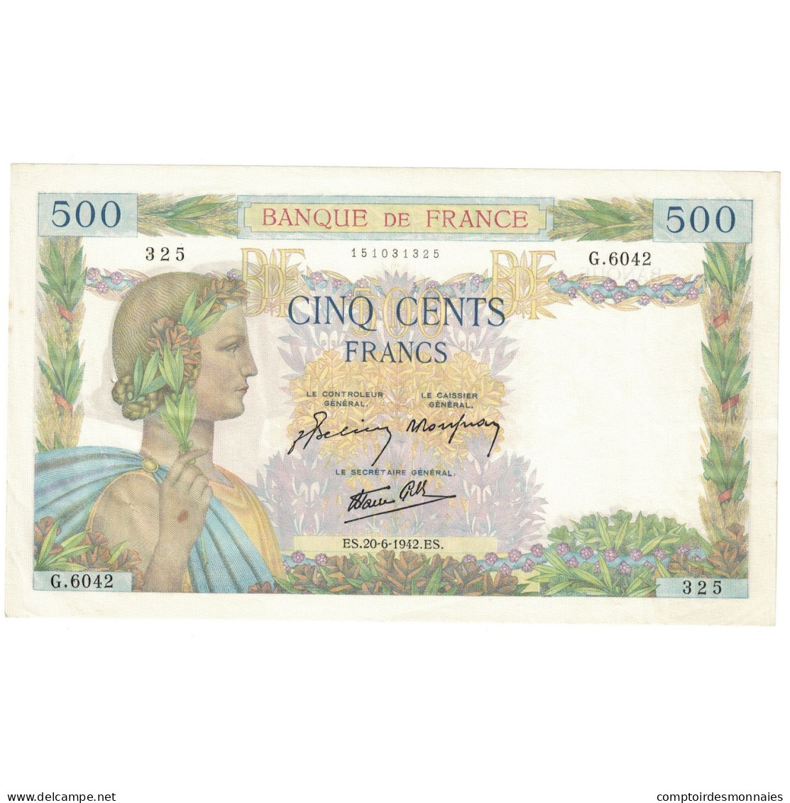 France, 500 Francs, La Paix, 1942, G.604, TTB+, Fayette:32.35, KM:95b - 500 F 1940-1944 ''La Paix''