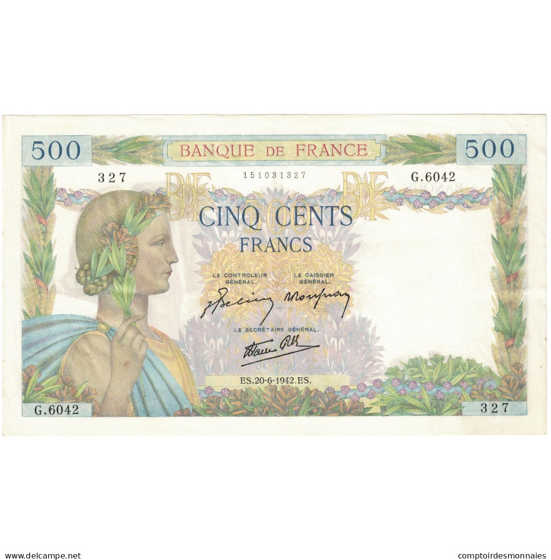 France, 500 Francs, La Paix, 1942, G.604, TTB+, Fayette:32.35, KM:95b - 500 F 1940-1944 ''La Paix''