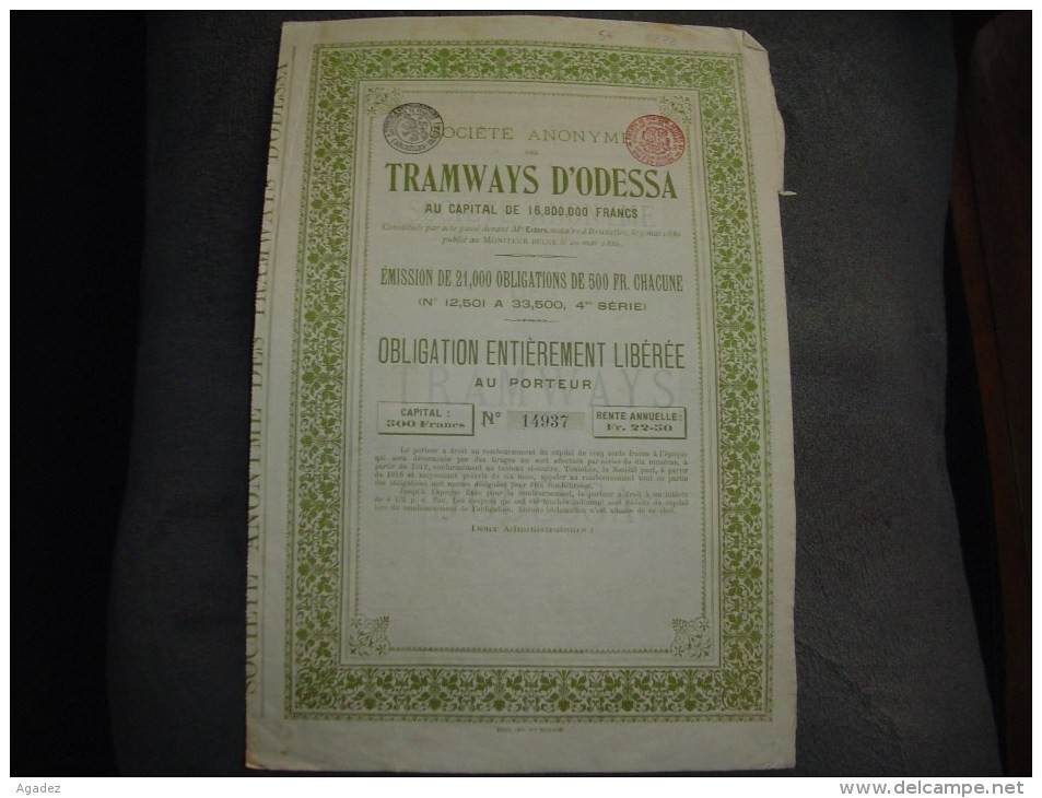 Obligation " Les Tramways D'Odessa " 1880 Sans Coupon Railway. - Bahnwesen & Tramways