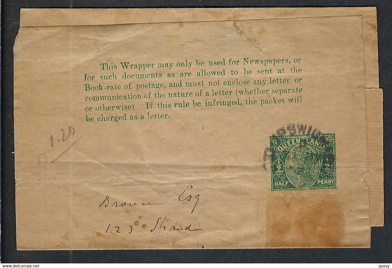 AUSTRALIE Queensland Ca. 1890:  Bande Pour Journaux  Entier De 1/2c  D'Ipswich Pour Londres - Lettres & Documents