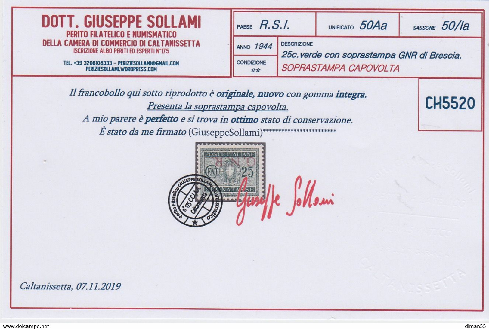 Italy - 1944 R.S.I. - Tax N.50/Ia (Brescia) - Cat. 600 Euro SOPRASTAMPA CAPOVOLTA - Certificato - Gomma Integra - MNH** - Taxe
