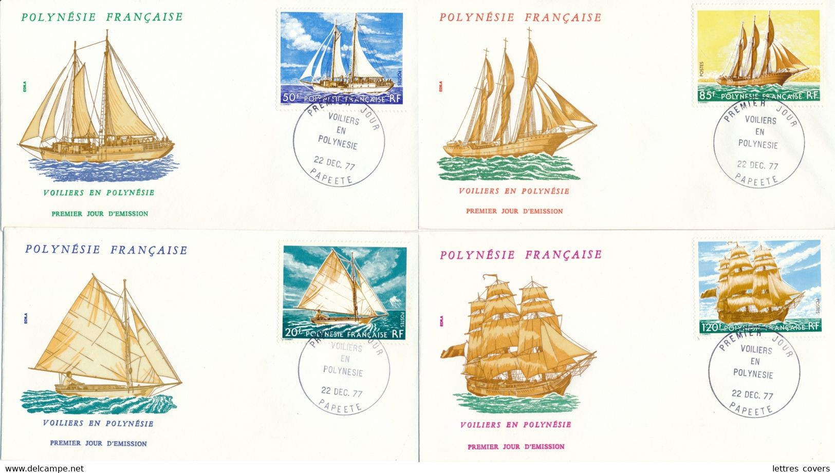 1977 PAPEETE LOT De 4 Lettres VOILIERS EN POLYNESIE FRD PREMIER JOUR ENVELOPPE SUPERBE - Lots & Serien