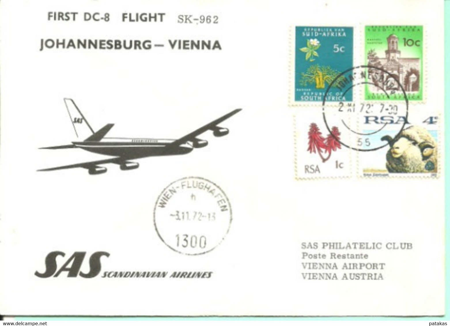 Enveloppe 1er Vol En DC-8 SK-962Joannesburg - Vienna SAS Scandinavian Airlines 3 Novembre 1972 - Luftpost