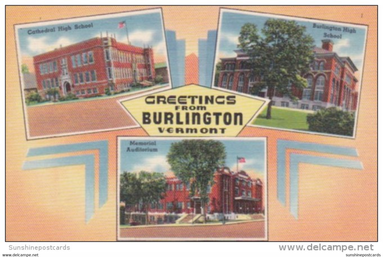 Vermont Greetings From Burlington High School Cathedral &amp; Memorial Auditorium 1941 - Burlington