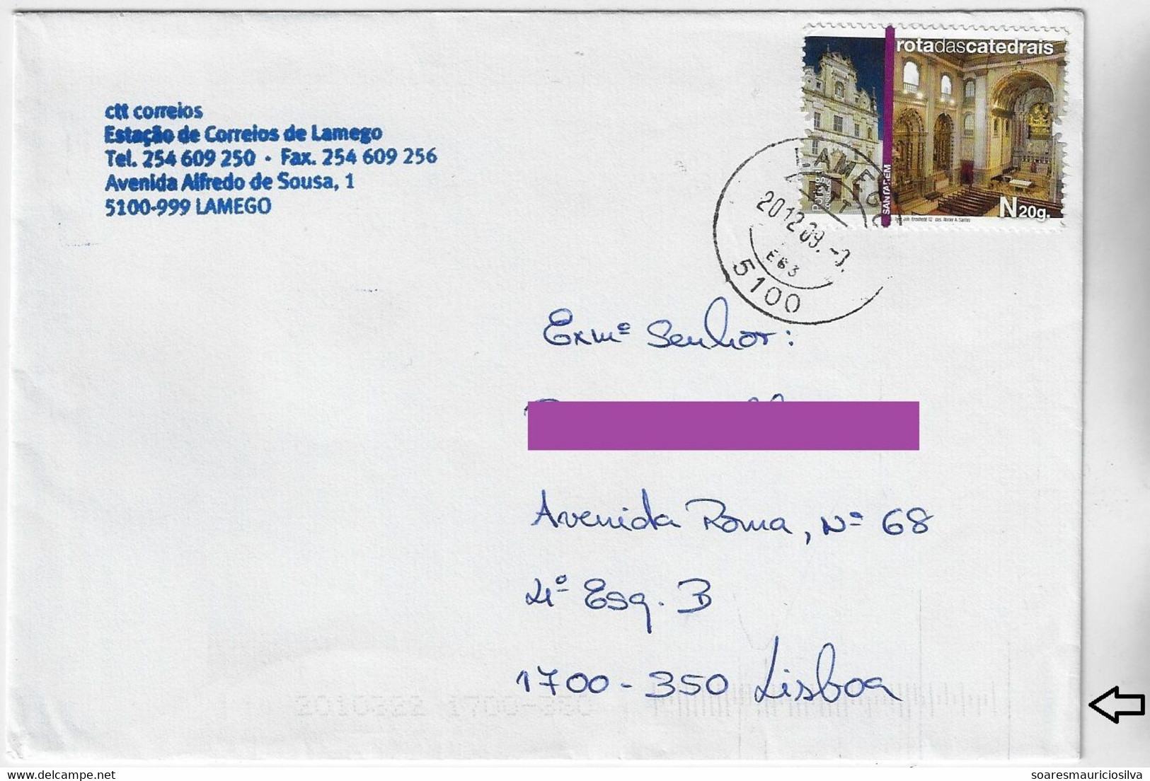 Portugal 2009 Cover From Lamego To Lisbon Stamp Santarém Cathedral Electronic Sorting Marks - Cartas & Documentos