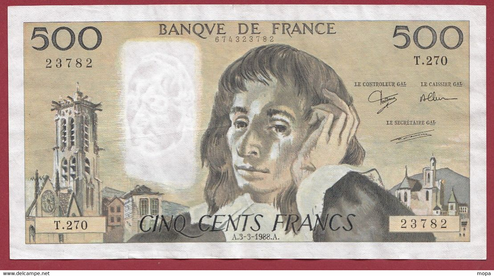 France 500 Francs "Pascal" Du 03/03/1988.A --ALPH.T.270- (très Rare)-TTB+-- (754) - 500 F 1968-1993 ''Pascal''