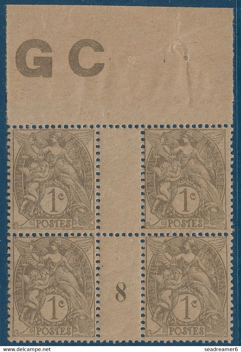 France Type Blanc Bloc De 4 Manchette GC ( Papier Crème) Millésime 8 De 1918 N°107** Type IA 1c Gris Fraicheur Postale - 1900-29 Blanc