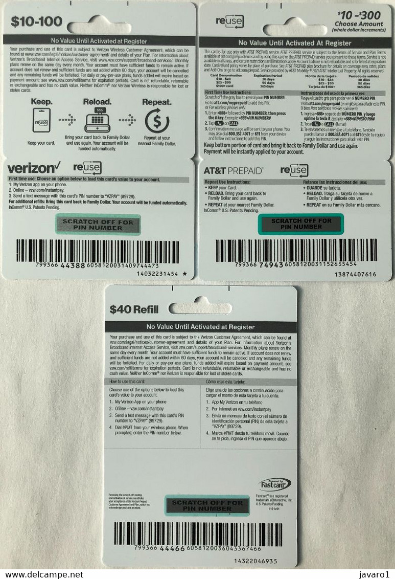 USA : AT&T And VERIZON  Prepaid , Rechargable From 10-100$   MINT     ( 3 Cards With Slip In This  Lot ) - AT&T