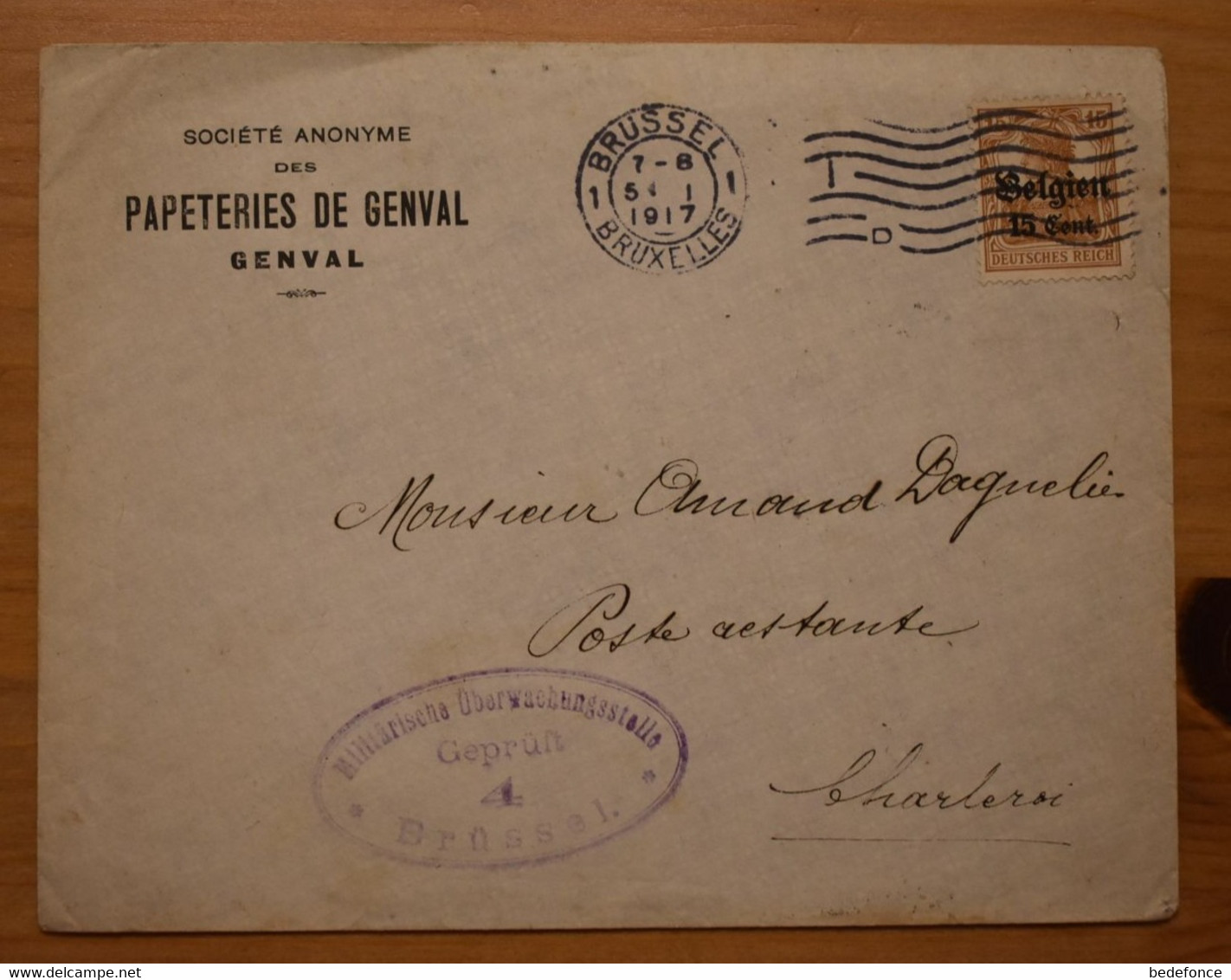 Enveloppe - De Bruxelles à Charleroi - 05-01-1917 - Timbre Allemand Avec Surcharge, Cachet Censure Militaire - Occupazione Tedesca