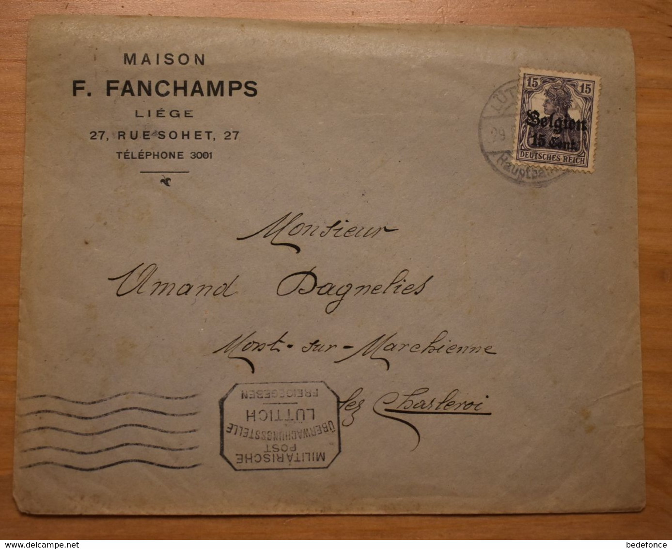 Enveloppe - De Liège à Charleroi - 29-08-1917 - Timbre Allemand Avec Surcharge, Cachet Censure Militaire - Occupation Allemande