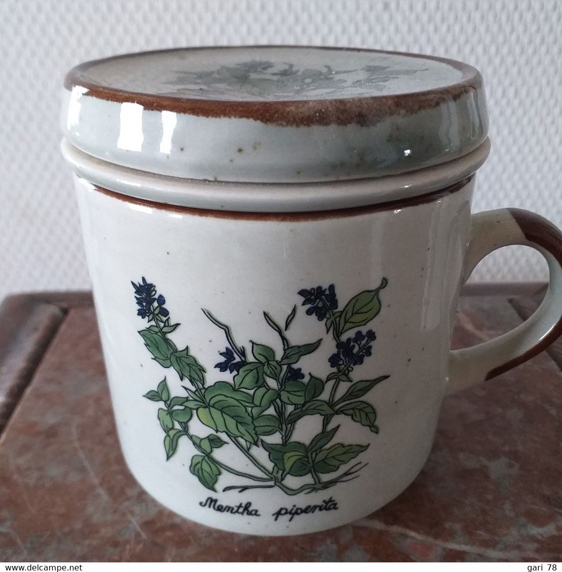 Tasse  Tisanière En Grès, Filtre Et Couvercle; Décor Herbier - Tassen