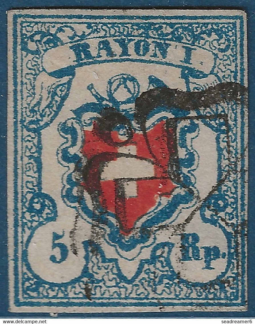 Postes Fédérales RAYON I N°21 5c Bleu Fonçé Croix Encadrée D'1 Filet Bleu Partiel Obl Rosette Superbe Signé ROUMET - 1843-1852 Federale & Kantonnale Postzegels