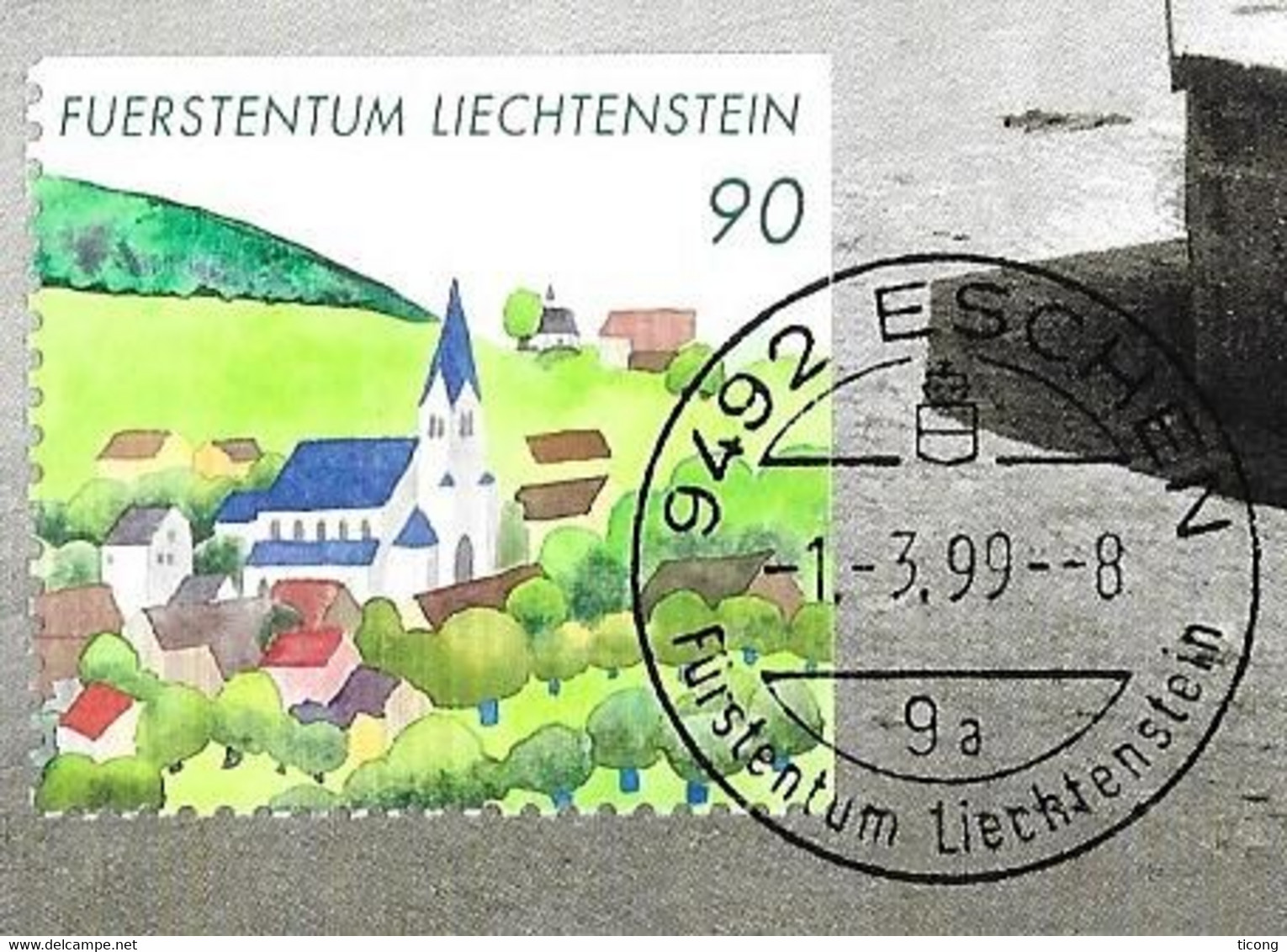 LIECHTENSTEIN 1999 - CARTE MAXIMUM DU VILLAGE D ESCHEN, EGLISE, FONTAINE, TIMBRE A PETIT TIRAGE, VOIR LES SCANNERS - Lettres & Documents