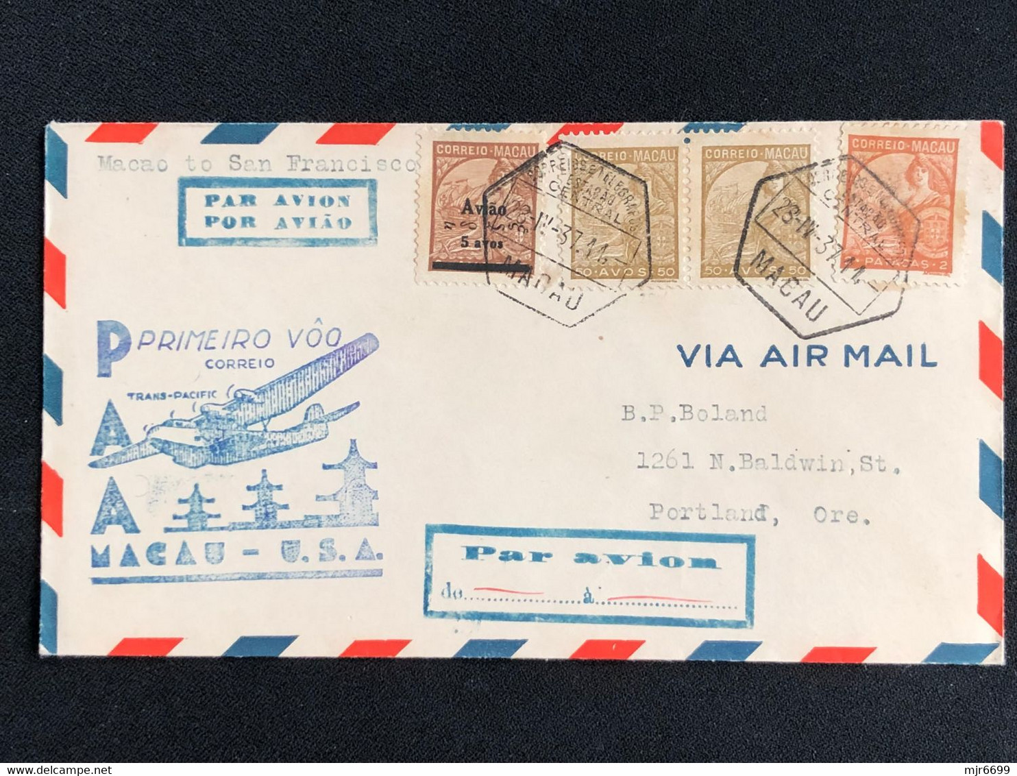 1937 FIRST FLIGHT COVER - MACAO TO SAN FRANCISCO- W/RATE 3.05 PATACAS,  ARRIVAL PROPAGANDA CANCELLATION ON BACK. - Brieven En Documenten