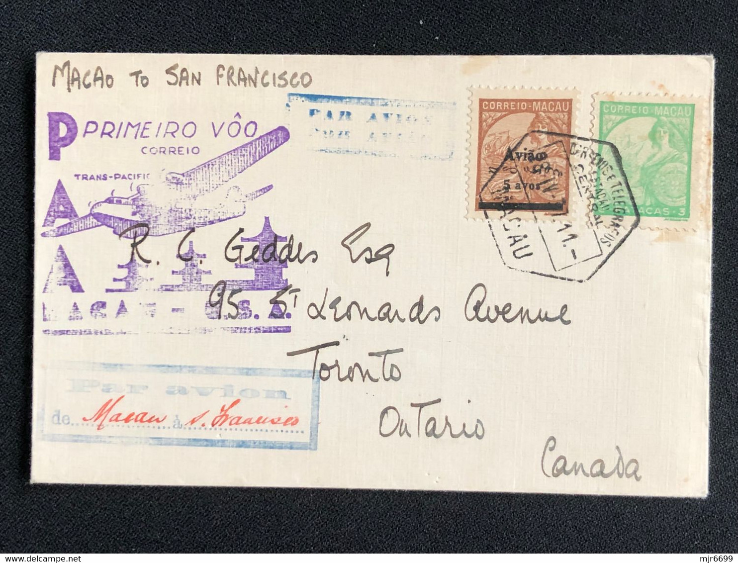 1937 FIRST FLIGHT COVER - MACAO TO SAN FRANCISCO- W/RATE 3.05 PATACAS,  ARRIVAL PROPAGANDA CANCEL ON BACK. - Lettres & Documents