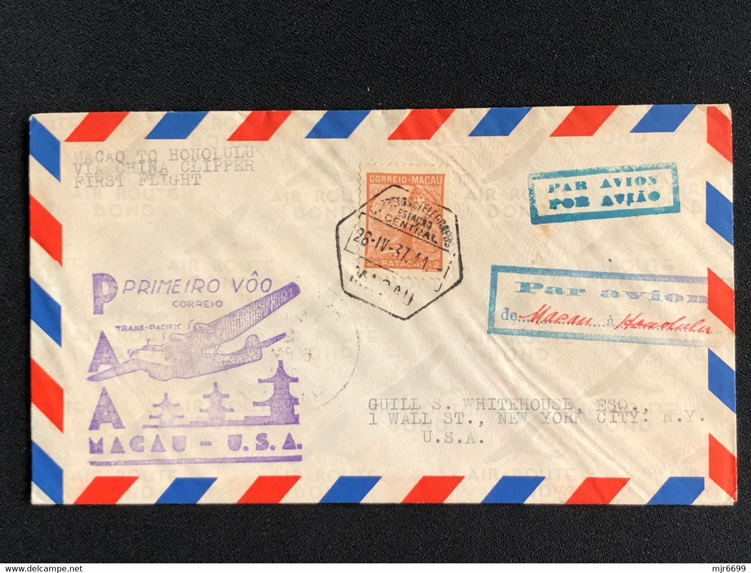 1937 FIRST FLIGHT COVER - MACAO TO HONOLULU- W/RATE 2 PATACA, SINGLE RATE, ARRIVAL CANCEL ON BACK. - Lettres & Documents