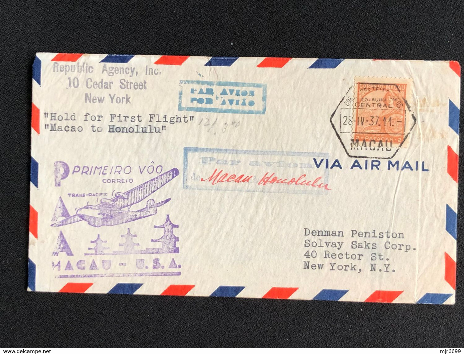 1937 FIRST FLIGHT COVER - MACAO TO HONOLULU- W/RATE 2 PATACA, SINGLE RATE, LARGE ARRIVAL CANCEL ON BACK. - Storia Postale