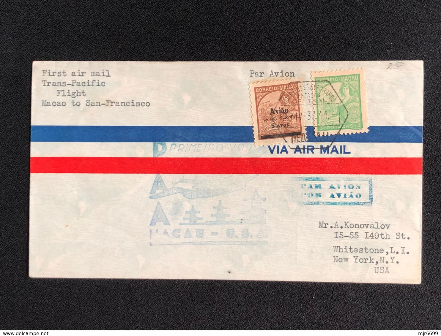 1937 FIRST FLIGHT COVER - MACAO TO S.FRANCISCO- W/RATE 3.05 PATACAS, PROPAGANDA ARRIVAL CANCEL ON BACK. - Cartas & Documentos
