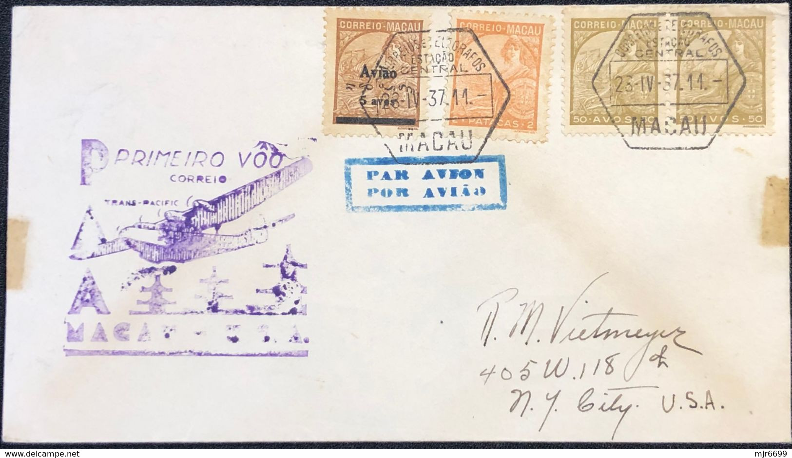 1937 FIRST FLIGHT COVER - MACAO TO S.FRANCISCO- W/RATE 3.05 PATACAS, PROPAGANDA ARRIVAL CANCEL ON BACK, PLAIN COVER - Covers & Documents