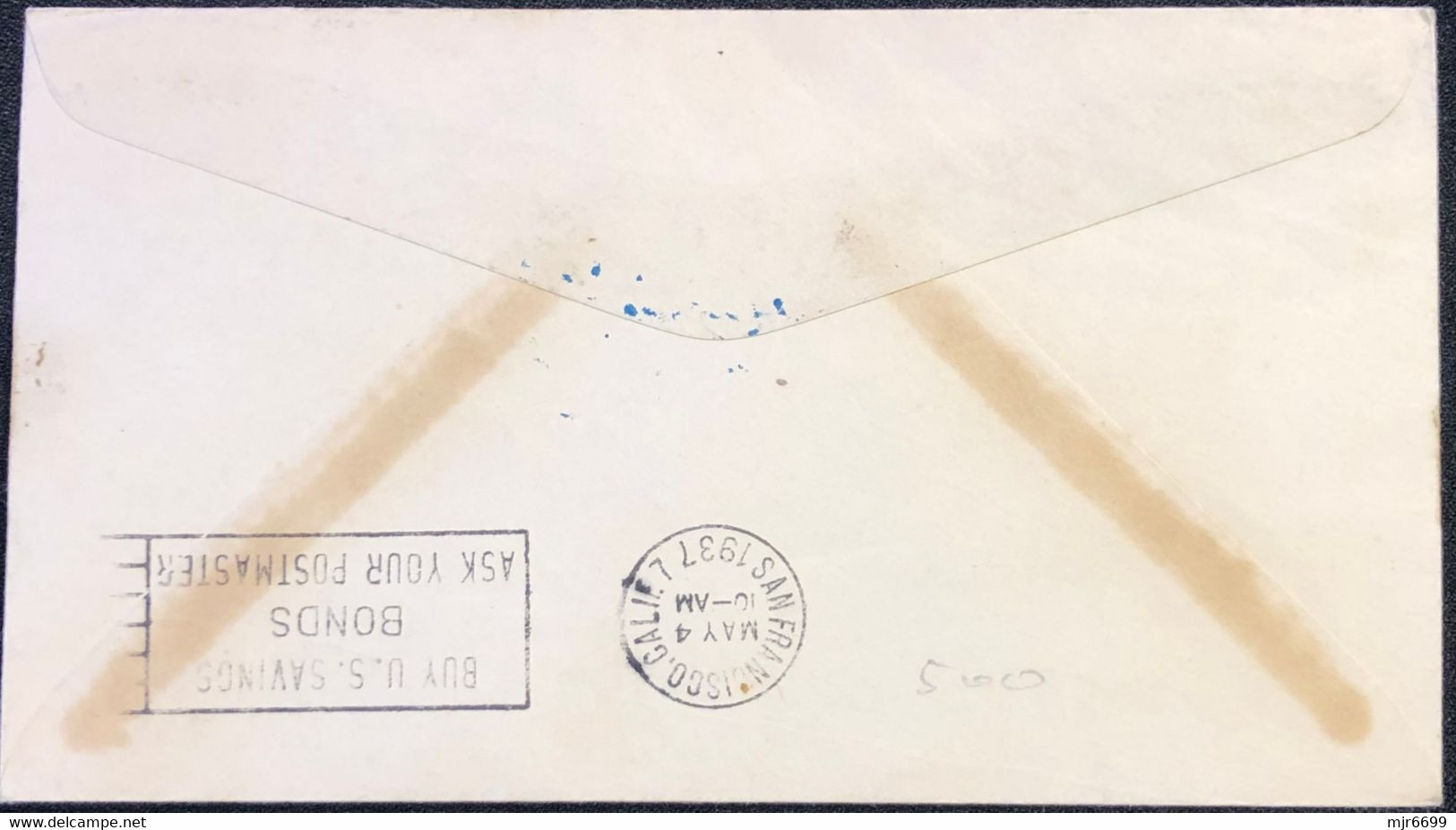 1937 FIRST FLIGHT COVER - MACAO TO S.FRANCISCO- W/RATE 3.05 PATACAS, PROPAGANDA ARRIVAL CANCEL ON BACK, PLAIN COVER - Brieven En Documenten