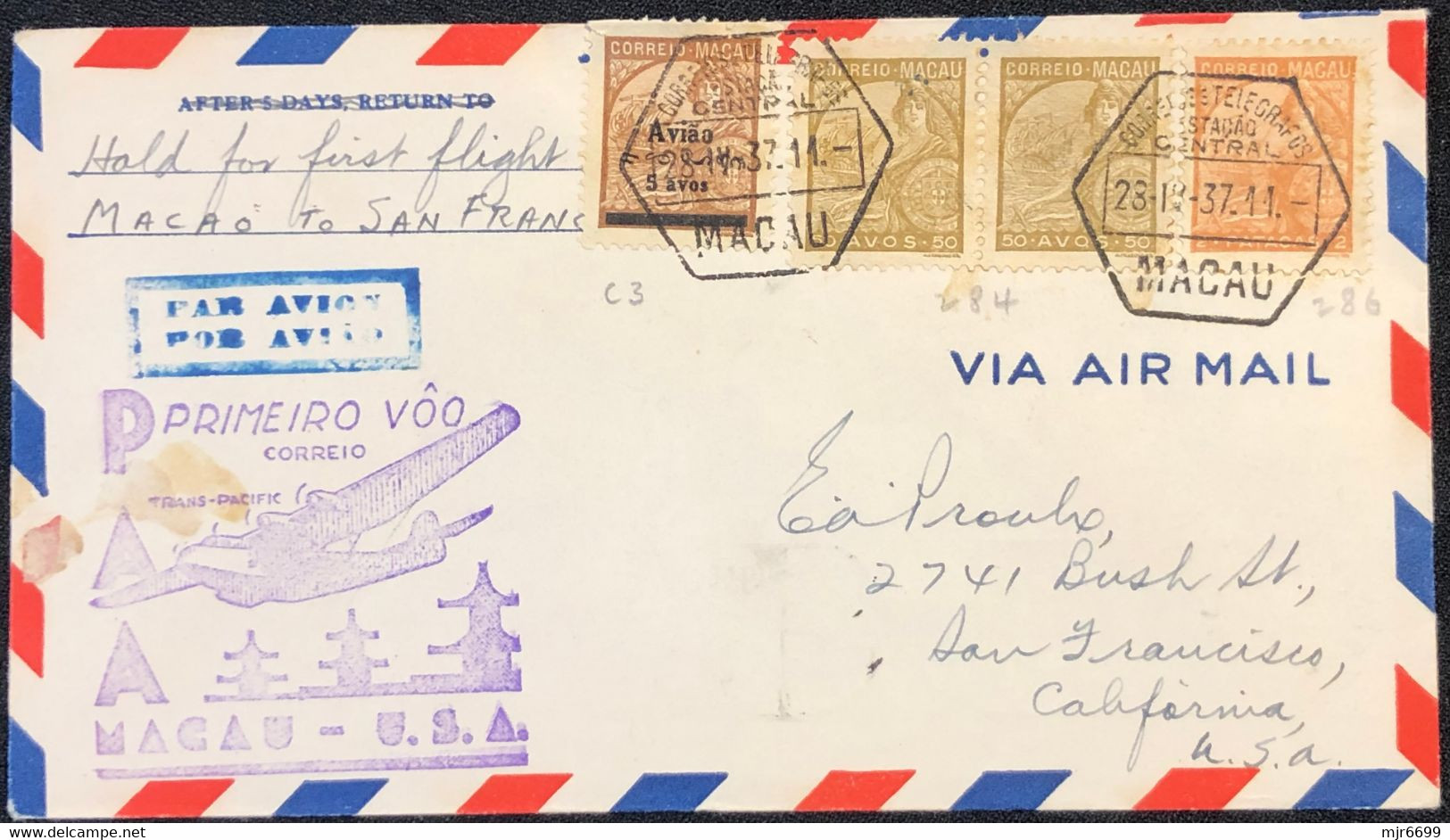 1937 FIRST FLIGHT COVER - MACAO TO S.FRANCISCO- W/RATE 3.05 PATACAS, PROPAGANDA ARRIVAL CANCEL ON BACK, AIR COVER - Lettres & Documents