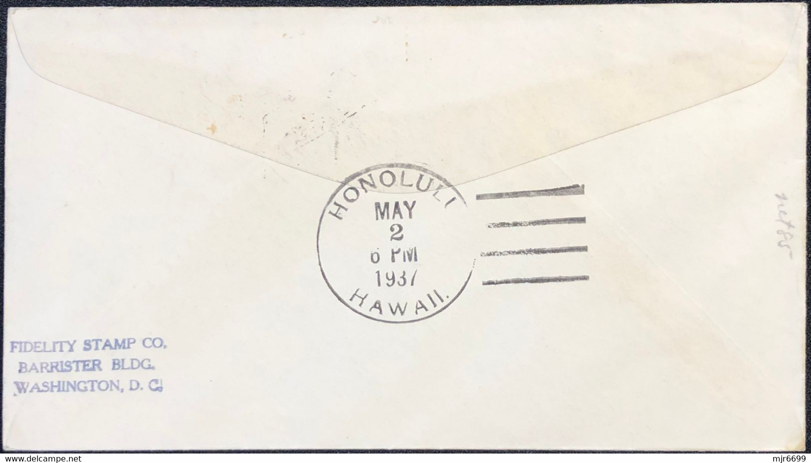 1937 FIRST FLIGHT COVER - MACAO TO HAWAI- W/SINGLE RATE 2 PATACAS, LARGE ARRIVAL CANCEL ON BACK, NICE COVER - Storia Postale