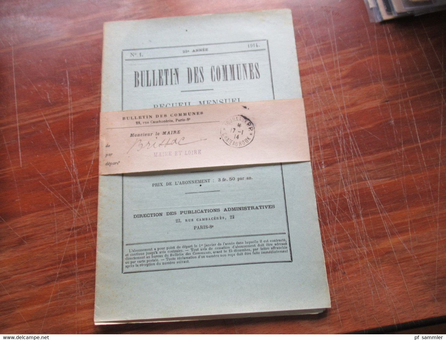 Frankreich 17.1.1914 Streifband Mit Bulletin Des Communes No1 Paris Stempel Journaux P.P. An Le Maire Brittac Maine Et L - Cartas & Documentos