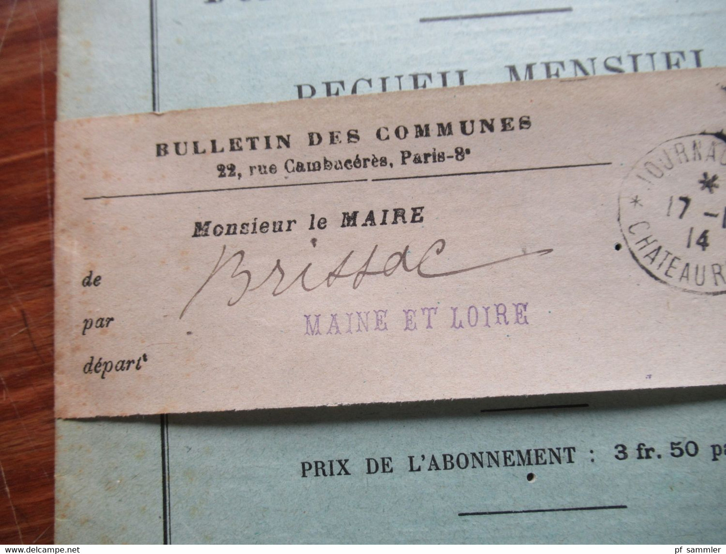 Frankreich 17.1.1914 Streifband Mit Bulletin Des Communes No1 Paris Stempel Journaux P.P. An Le Maire Brittac Maine Et L - Cartas & Documentos